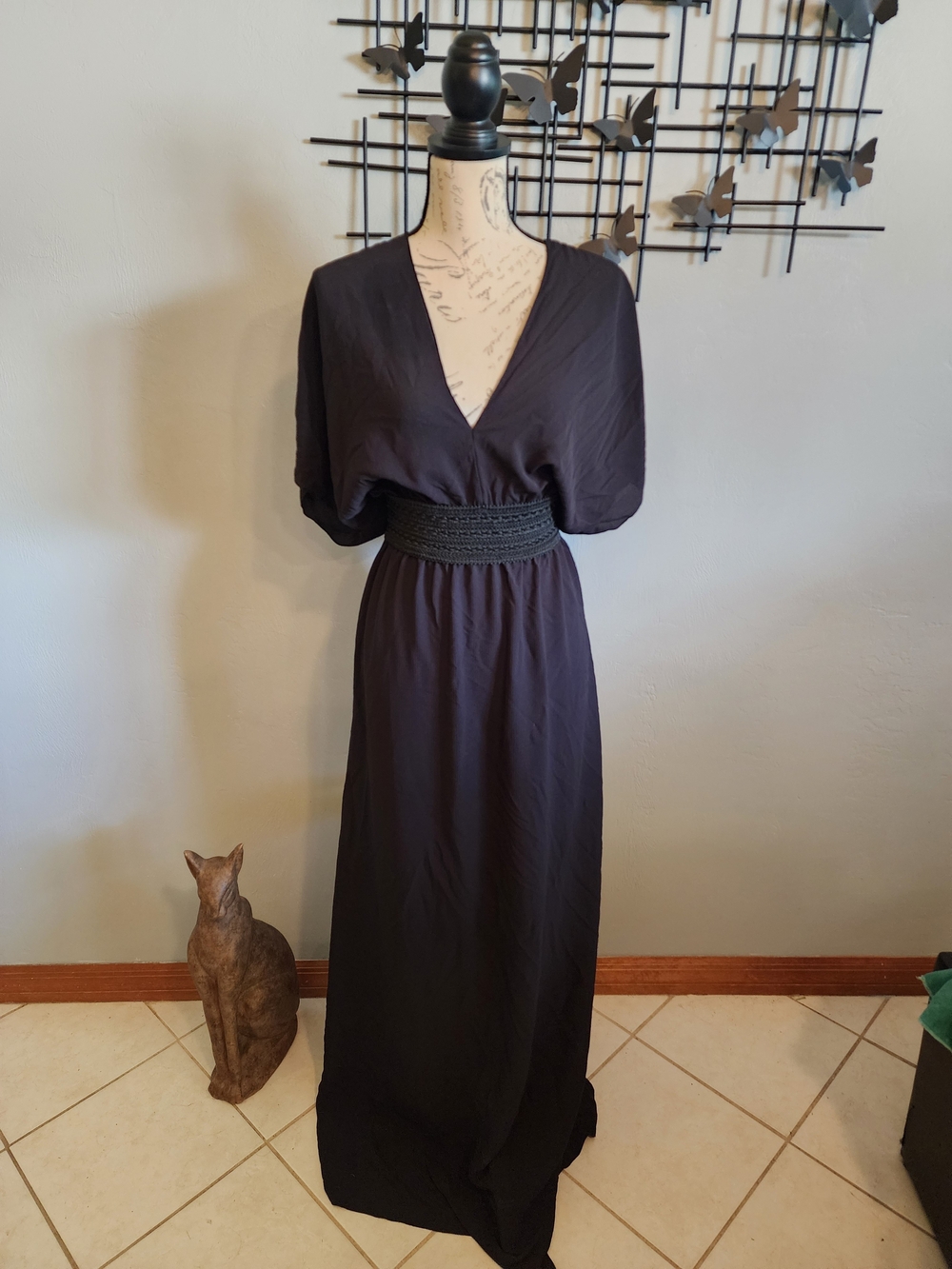 Boohoo Black V-Neck Maxi Dress Coverup with Smocked Waistband